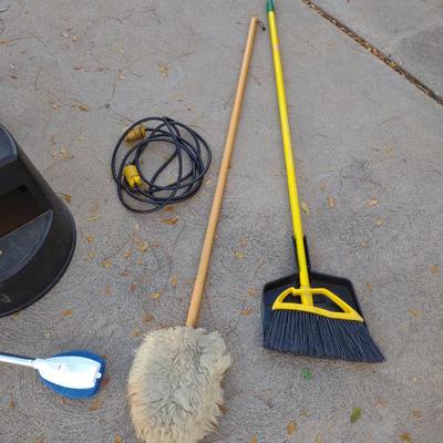 TRASH CAN, STEP STOOL, BROOMS AND MORE
