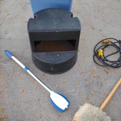 TRASH CAN, STEP STOOL, BROOMS AND MORE