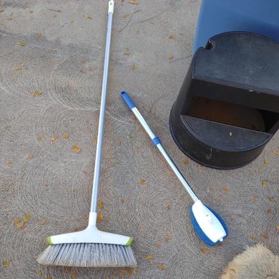 TRASH CAN, STEP STOOL, BROOMS AND MORE