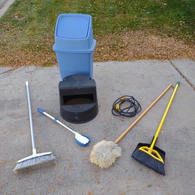 TRASH CAN, STEP STOOL, BROOMS AND MORE