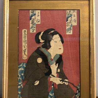 Antique Woodblock Hand Colored Print “Contemplating the Waves” (After Utagawa Kuniyoshi)