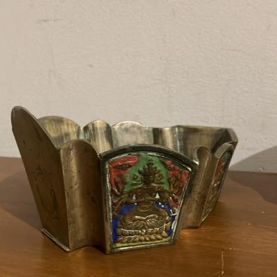 Antique Chinese Cloisonné Enamel Lidded Hexagonal Vessel and Scalloped Bowl