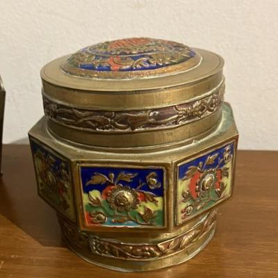 Antique Chinese Cloisonné Enamel Lidded Hexagonal Vessel and Scalloped Bowl