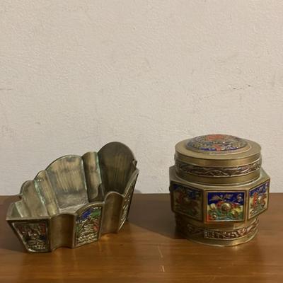 Antique Chinese Cloisonné Enamel Lidded Hexagonal Vessel and Scalloped Bowl