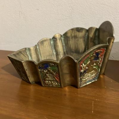 Antique Chinese Cloisonné Enamel Lidded Hexagonal Vessel and Scalloped Bowl