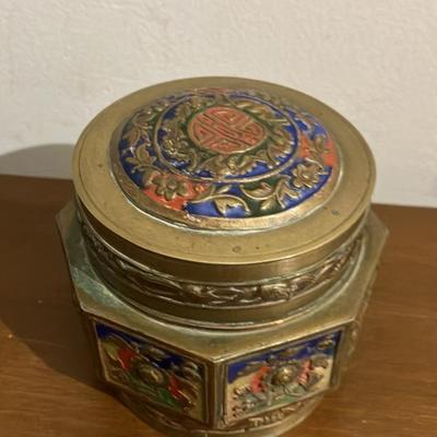 Antique Chinese Cloisonné Enamel Lidded Hexagonal Vessel and Scalloped Bowl