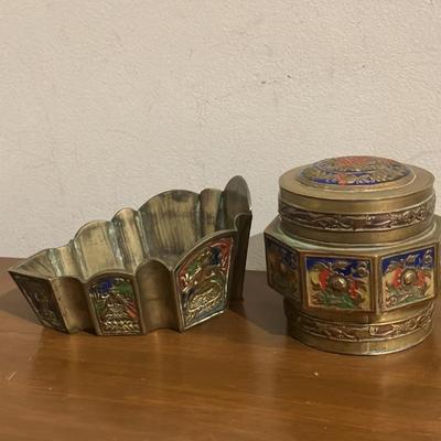 Antique Chinese Cloisonné Enamel Lidded Hexagonal Vessel and Scalloped Bowl