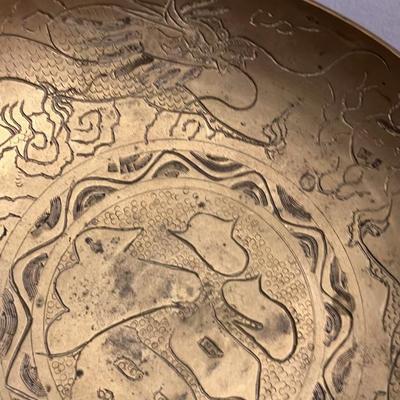 Antique Chinese Export Brass Dragon Engraved Bowl, Early 20th Century