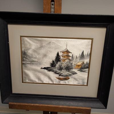 Approx 23 1/2" x 19 3/4" Japanese Silk Landscape Framed Japan Art