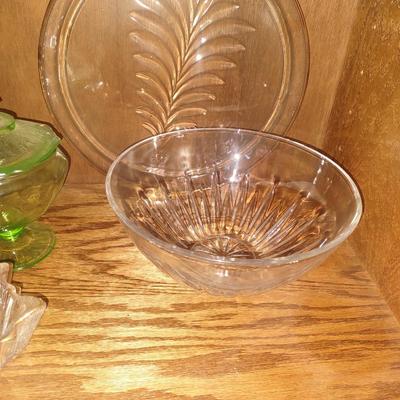 CRYSTAL SERVING BOWL AND PLATTER AND DEPRESSION GLASS CANDY DISH