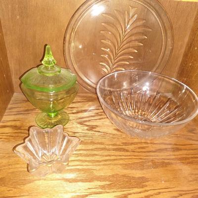 CRYSTAL SERVING BOWL AND PLATTER AND DEPRESSION GLASS CANDY DISH