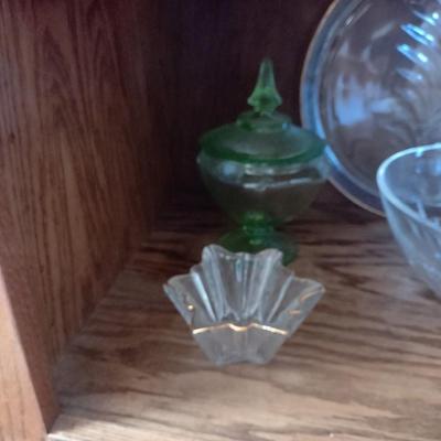 CRYSTAL SERVING BOWL AND PLATTER AND DEPRESSION GLASS CANDY DISH