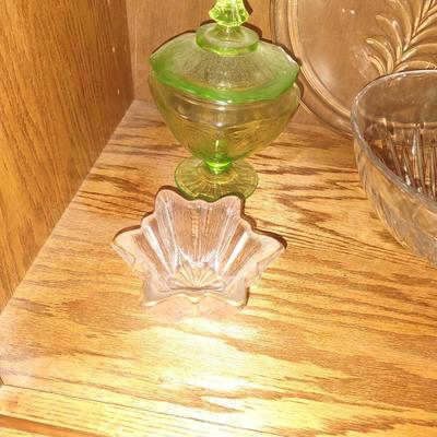 CRYSTAL SERVING BOWL AND PLATTER AND DEPRESSION GLASS CANDY DISH