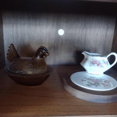 CRYSTAL AND GLASS SERVING PIECES PLUS A HEN ON NEST & GRAVY BOAT