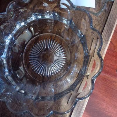 CRYSTAL AND GLASS SERVING PIECES PLUS A HEN ON NEST & GRAVY BOAT