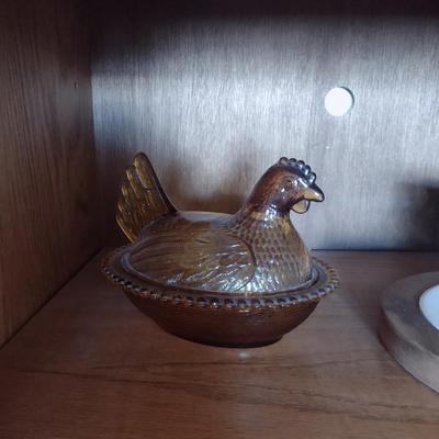 CRYSTAL AND GLASS SERVING PIECES PLUS A HEN ON NEST & GRAVY BOAT