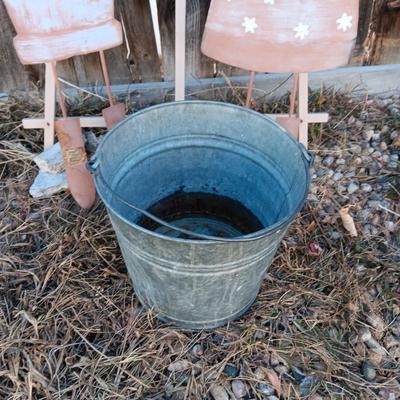 2 METAL STAKED YARD RABBITS, GALVANIZED BUCKET AND WALL HANGING