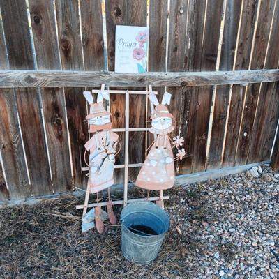 2 METAL STAKED YARD RABBITS, GALVANIZED BUCKET AND WALL HANGING