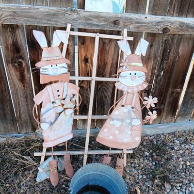 2 METAL STAKED YARD RABBITS, GALVANIZED BUCKET AND WALL HANGING