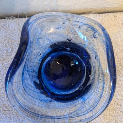 Sale Photo Thumbnail #196: Blown glass bowl, clear and cobalt blue