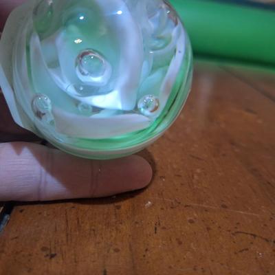 Sale Photo Thumbnail #733: blown glass paperweight, green and white flower