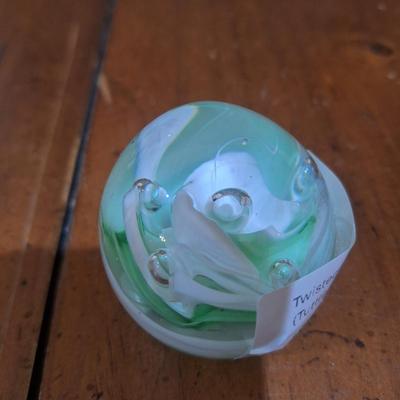 Sale Photo Thumbnail #729: blown glass paperweight, green and white flower