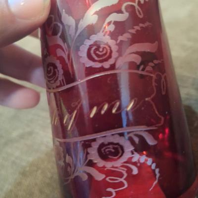 Sale Photo Thumbnail #883: small cut to clear red crystal glass that says Think of me