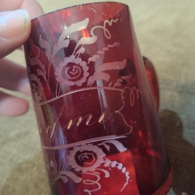 Sale Photo Thumbnail #882: small cut to clear red crystal glass that says Think of me