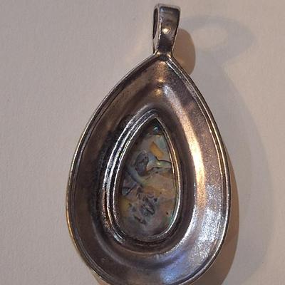 Sale Photo Thumbnail #990: large pendant- abalone or similar in silver tone tear drop
