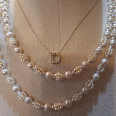 Sale Photo Thumbnail #1017: 2 necklaces, the faux pearls are extra long and doubled over here.