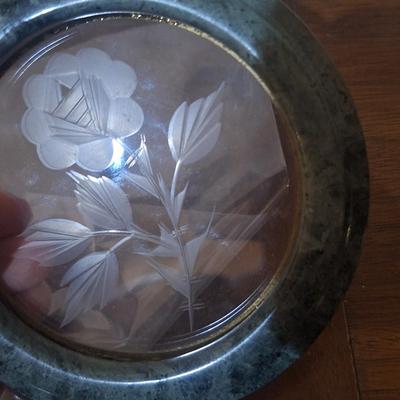 Sale Photo Thumbnail #1119: Stone trinket box with etched glass in lid