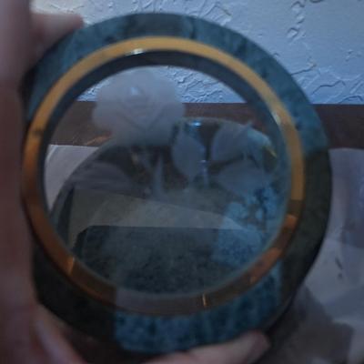 Sale Photo Thumbnail #1116: Stone trinket box with etched glass in lid