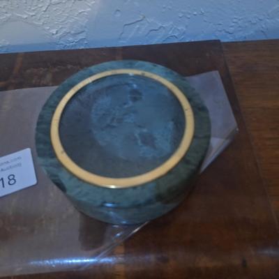 Sale Photo Thumbnail #1115: Stone trinket box with etched glass in lid