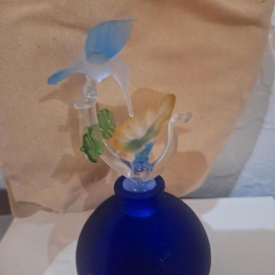 Sale Photo Thumbnail #1145: Vintage frosted cobalt blue satin glass perfume bottle with hummingbird glass stopper