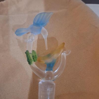 Sale Photo Thumbnail #1146: Vintage frosted cobalt blue satin glass perfume bottle with hummingbird glass stopper