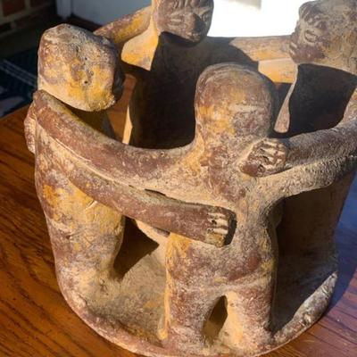 Vintage Terracotta Circle of Friends Sculpture - 7" Folk Art Unity Candle Holder