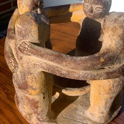 Vintage Terracotta Circle of Friends Sculpture - 7" Folk Art Unity Candle Holder