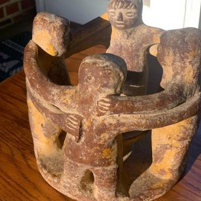 Vintage Terracotta Circle of Friends Sculpture - 7" Folk Art Unity Candle Holder