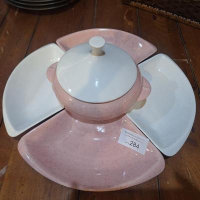 Sale Photo Thumbnail #1445: this is for the center bowl with lid and the 4 side dishes, all are in great shape but a few of the dishes have very small chips on inside corners which are not visible when using set up.