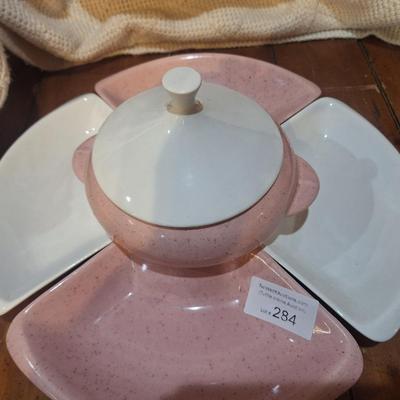 Sale Photo Thumbnail #1447: this is for the center bowl with lid and the 4 side dishes, all are in great shape but a few of the dishes have very small chips on inside corners which are not visible when using set up.