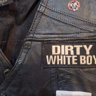 Sale Photo Thumbnail #1483: this is a personalized jacket.  It also has some damage, notice that the top buffalo snap is missing the cover, the lace on the sides has damage.  There may be other damage, please review the photos yourself for condition. This is leather.