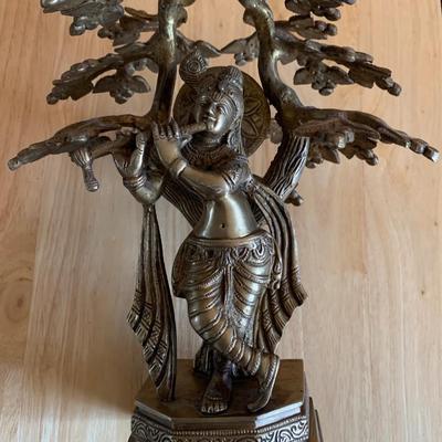10” Bronze Krishna Statue – Playing Flute Under Tree – Hindu Art