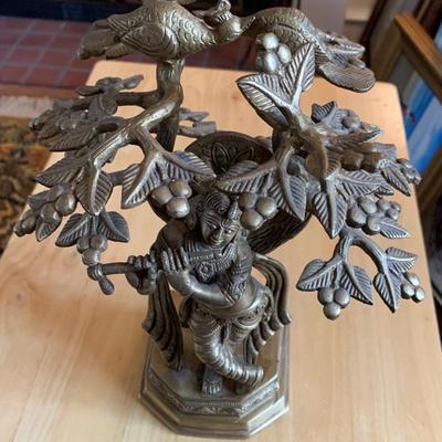 10” Bronze Krishna Statue – Playing Flute Under Tree – Hindu Art