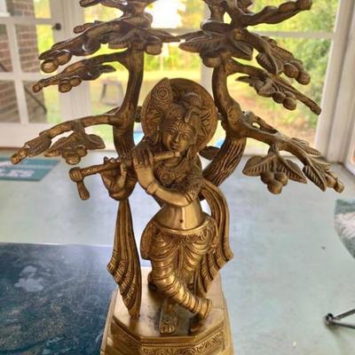 10” Bronze Krishna Statue – Playing Flute Under Tree – Hindu Art