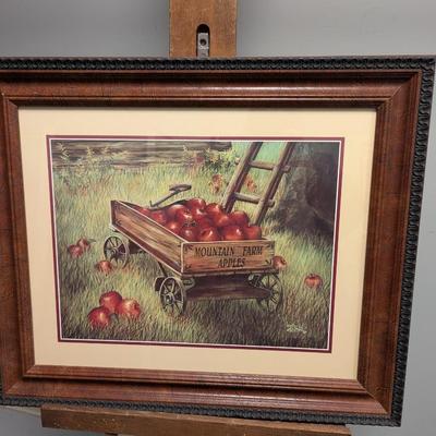 Signed 24" x 20 1/2" Marilyn Rea Print Mountain Farm Apples Wagon At Harvest Time