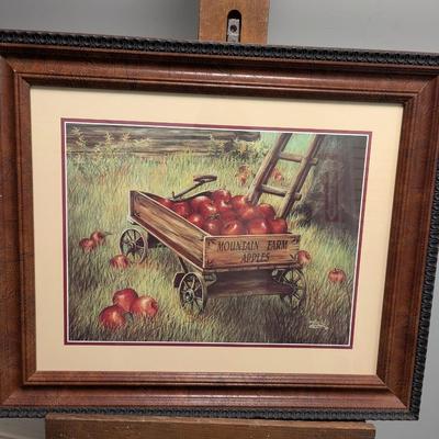 Signed 24" x 20 1/2" Marilyn Rea Print Mountain Farm Apples Wagon At Harvest Time