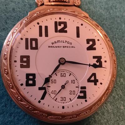 WORKING HAMILTON 10K GOLD FILLED POCKET WATCH WITH CHAIN AND POCKET KNIFE