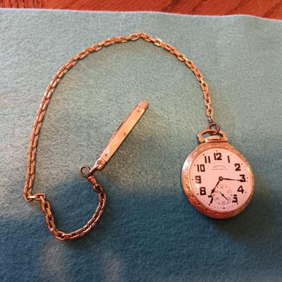 WORKING HAMILTON 10K GOLD FILLED POCKET WATCH WITH CHAIN AND POCKET KNIFE