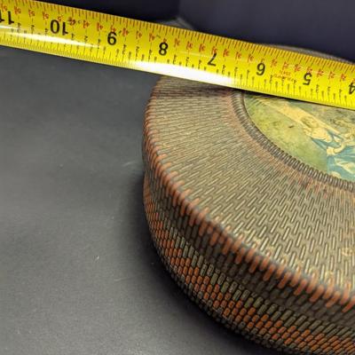 Vintage Empty Metal Round Cookie Tin With Victorian Scene