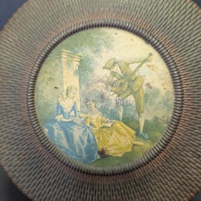 Vintage Empty Metal Round Cookie Tin With Victorian Scene